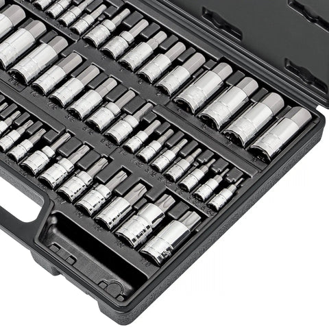 50 Piece Master Torx And Allen Socket Set In S2 Steel, SAE And Metric Hex And Star Bits, organized in a durable black case.