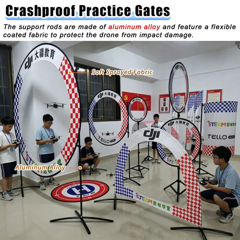 Portable Outdoor Drone Racing Hoop Kit For Backyard Obstacle Courses And Dog Agility Training, 150 CM Tall, in use indoors.