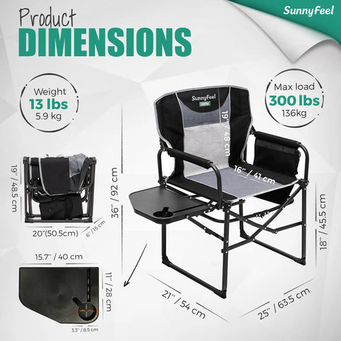 Heavy Duty Oversized Camping Directors Chair With Side Table And Built In Pocket For Beach And Fishing Trips, Picnics, Lawn Or Outdoor Concerts, Portable Foldable Camp Chair With Easy Carry And Anti Pinch Quick Lock displayed with dimensions and features.