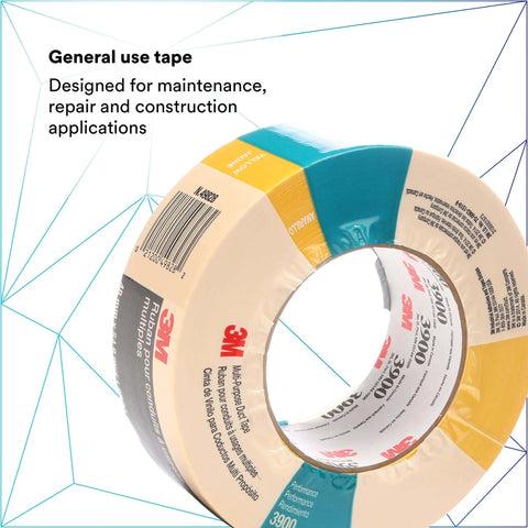 Multi-Purpose Duct Tape 3900 Yellow: General Purpose Rubber Adhesive, Water Resistant Cloth-Backed, 48 mm x 54,800 mm roll