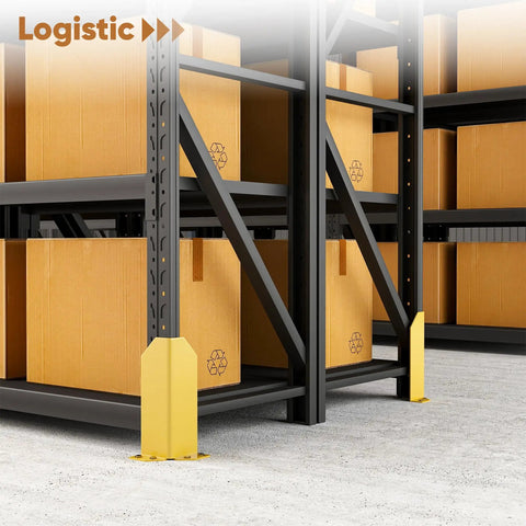 Built Tough 12 Inch Steel Pallet Rack Post Protectors With Ten Floor Anchor Bolts Warehouse Column Guards To Shield Shelving From Rough Forklift Bashing At The Job Site