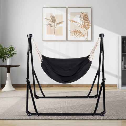 2 In 1 Hammock With Stand Portable Hammock And Swing Chair No Tools Assembly Carry Bag Indoor Outdoor Use Black Cozy Lounging