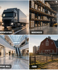 Collage of four settings: transportation truck, warehouse with pallets, shopping mall interior, and farm with red barn.