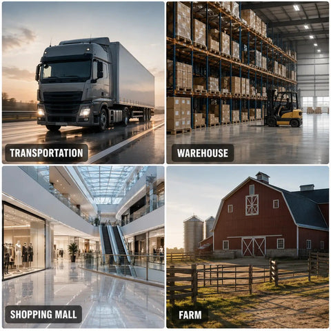 Collage of four settings: transportation truck, warehouse with pallets, shopping mall interior, and farm with red barn.
