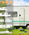 RV exterior with open door, featuring RV Door Lock Replacement With Paddle Deadbolt For RV Entry Doors On Travel Trailers, Horse Trailers And Cargo Haulers, 100 Percent Metal Camper Door Latch Handle, Ultra Durable Die Cast Alloy Security.