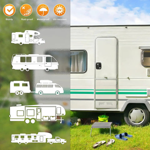 RV exterior with open door, featuring RV Door Lock Replacement With Paddle Deadbolt For RV Entry Doors On Travel Trailers, Horse Trailers And Cargo Haulers, 100 Percent Metal Camper Door Latch Handle, Ultra Durable Die Cast Alloy Security.