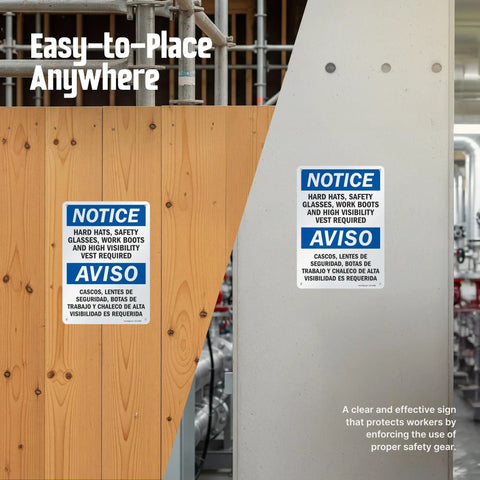Must Have PPE Required Notice Sign 10x14 Aluminum Bilingual For Hard Hats Glasses Boots Vest Rustproof Weatherproof 40 Mil Sign With Four Mounting Holes For Easy Install Outdoor Use