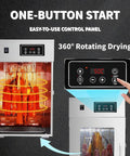 High Capacity Commercial Food Dehydrator With Stainless Steel Frame And 800 Watt Heater For Smoking Meat Jerky Drying Fruits And Vegetables Featuring Digital Timer And Even Heat Up To 195 Deg F For No Sweat Setup And Serious Smoke Sessions showing easy-to-use control panel and 360° drying.