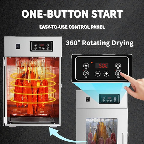 High Capacity Commercial Food Dehydrator With Stainless Steel Frame And 800 Watt Heater For Smoking Meat Jerky Drying Fruits And Vegetables Featuring Digital Timer And Even Heat Up To 195 Deg F For No Sweat Setup And Serious Smoke Sessions showing easy-to-use control panel and 360° drying.