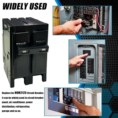 125 Amp 2 Pole Plug In Circuit Breaker for 120 and 240 Volt Built Tough Thermal Magnetic Interrupter shown in use and panel installation.