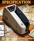 Close-up of Beast Mode Fast Money Counter With UV Counterfeit Detection Portable Cash Counter showing dimensions and features.