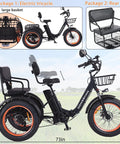 Adult Folding Electric Tricycle With Passenger Seat And Wide Tires 350W Motor 750W Peak Up To 20 MPH 25 To 30 Mile Range 48V 15Ah Aluminum Frame 7 Speed Three Wheel E Trike For All Day City Cruising with rear seat and basket