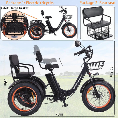 Adult Folding Electric Tricycle With Passenger Seat And Wide Tires 350W Motor 750W Peak Up To 20 MPH 25 To 30 Mile Range 48V 15Ah Aluminum Frame 7 Speed Three Wheel E Trike For All Day City Cruising with rear seat and basket