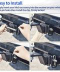 Steps showing how to install the Stainless Steel Five Eighth Inch Hitch Pin And Lock Clip For Two Inch And Two Point Five Inch Receiver Hitches