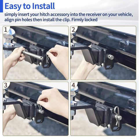 Steps showing how to install the Stainless Steel Five Eighth Inch Hitch Pin And Lock Clip For Two Inch And Two Point Five Inch Receiver Hitches