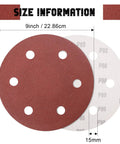 9 Inch 6 Hole Aluminum Oxide Sanding Discs 80 Grit Hook And Loop Sandpaper Pads sizing and detail view