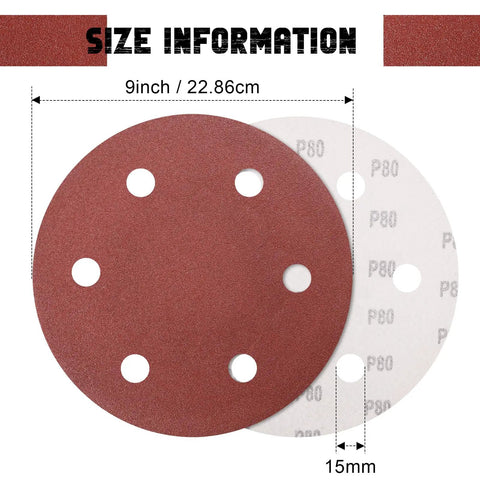 9 Inch 6 Hole Aluminum Oxide Sanding Discs 80 Grit Hook And Loop Sandpaper Pads sizing and detail view