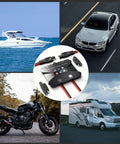 Collage showing 10 Amp MPPT Solar Charge Controller For 12V Systems IP68 Waterproof With LCD Display for vehicles and boat