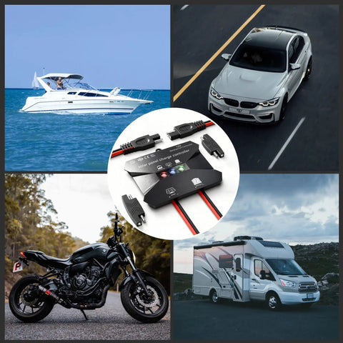 Collage showing 10 Amp MPPT Solar Charge Controller For 12V Systems IP68 Waterproof With LCD Display for vehicles and boat