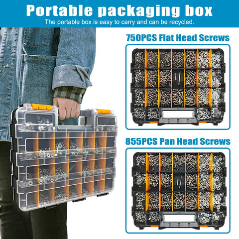 Rock Solid 1609 Piece Machine Screws Assortment Kit with organized flat and pan head screws in a portable case.