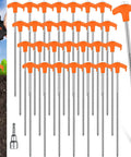 20 Pcs 12 Inch Tent Stakes Screw In Heavy Duty Ground Anchors With Hex Head Driver shown in orange and metal spikes