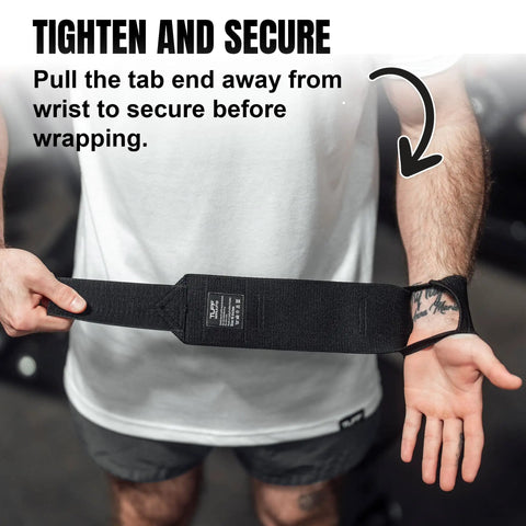 Man demonstrating 16 Inch Wrist Straps For Gym No Thumb Loops Durable Wrist Wraps For Powerlifting Weightlifting Arm Support