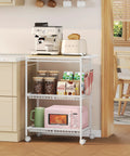 Mobile Kitchen Cart With 3 Tiers And Lockable Wheels White Rolling Storage Cart With Push Handle Sturdy 210 Lb Capacity in kitchen