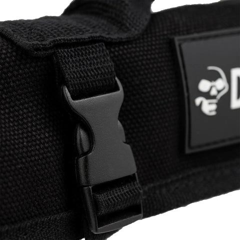 Close-up of buckle on Heavy Duty 24 oz Canvas Large Wrench Roll Tool Bag For Large Wrenches With 3 Grommets, Padded Handle, Made In USA