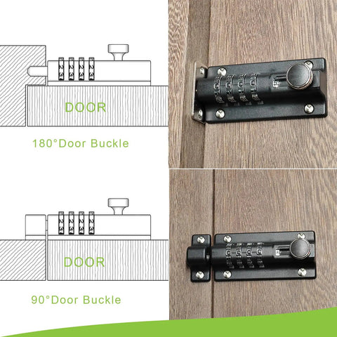 Kickproof Four Digit Combination Lock For Backyard Gates And Shed Doors Heavy Duty Zinc Alloy Security Slide Latch installation diagram.