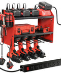 Red Heavy Duty Power Tool Organizer Wall Mount With Charging Station, 3 Layer Garage Tool Storage For Over 50 Tools, 4 Cordless Drill Holders