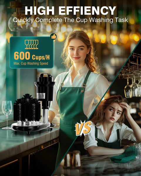 Hassle Free Commercial Countertop Glass Washer Features Five Turbo Brushes for fast cleaning 600 cups/hr with bar staff.