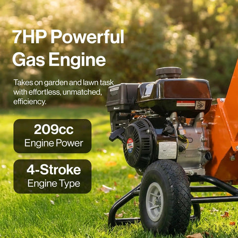 Wood Chipper Shredder Mulcher With 7HP Engine, Heavy Duty Compact Rotor Design displayed with gas engine details in garden setting.