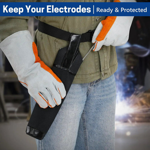 Person using Flame Resistant Welding Rod Bag And Leather Electrode Holder With Belt Loops and Rivets, rugged canvas tool organizer