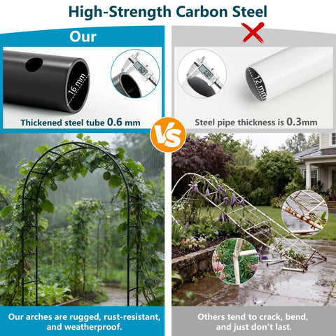 Comparison of heavy duty rustproof garden arch metal trellis with thinner alternative, highlighting durability and stability features.