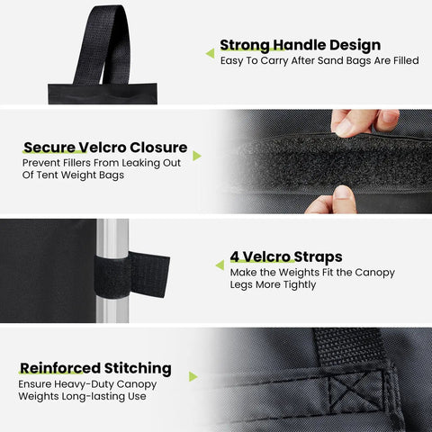 4 Pack 125 Lb Universal Canopy Weights For Instant Shelters showing strong handle, velcro closure, straps, and reinforced stitching.