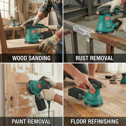 5 Inch Random Orbital Sander With 13000 RPM Power in wood sanding, rust removal, paint removal, and floor refinishing tasks