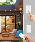 Outdoor Wireless Remote Control Dual 3 Prong Outlet Weatherproof Power Strip With Wall Mount And Handheld Switch Expandable Indoor Outdoor Heavy Duty 15A 1875W 7 Inch Cord 100 Feet Range ETL Listed controlling patio string lights