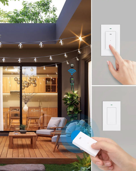 Outdoor Wireless Remote Control Dual 3 Prong Outlet Weatherproof Power Strip With Wall Mount And Handheld Switch Expandable Indoor Outdoor Heavy Duty 15A 1875W 7 Inch Cord 100 Feet Range ETL Listed controlling patio string lights