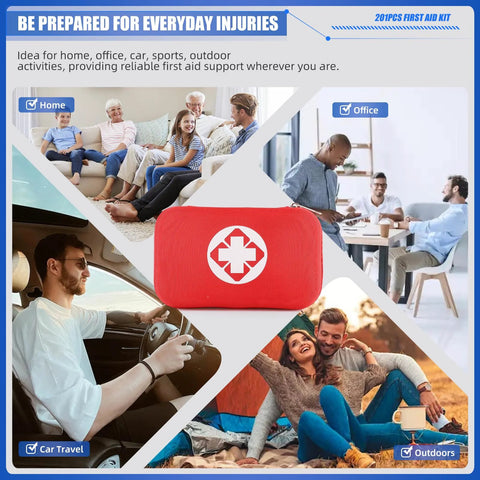 Amazon Mini Travel First Aid Kit in red waterproof pouch with white cross, 201 pcs.