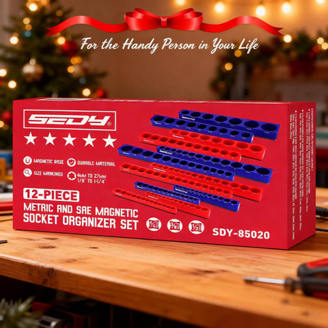 12 Piece Magnetic Socket Organizer Set For Quarter Inch, Three Eighths Inch, And One Half Inch Drive SAE And Metric box on table