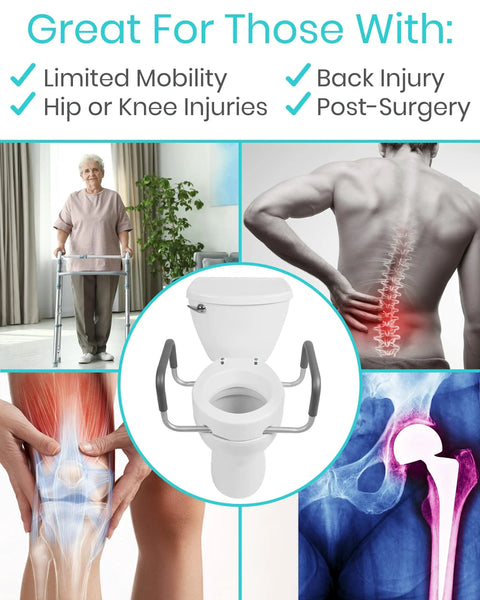 Raised Toilet Seat Riser With Sturdy Side Handles Fits Under Existing Elongated Seats Adds Three Point Five Inches Of Lift Making Get Up And Sit Down An Absolute Breeze For Seniors And Smooth Bathroom Care