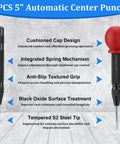 Close-up of 2PCS 5" Automatic Center Punch Set showing cushioned caps and textured grips for precision use.