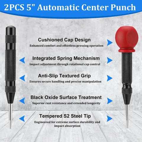 Close-up of 2PCS 5" Automatic Center Punch Set showing cushioned caps and textured grips for precision use.