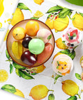 Three Pack Lemon Tablecloths Outdoor Waterproof Rectangle Cover For Indoor And Outdoor Use 54 By 108 Inches Oil Proof Summer Party Kitchen Dining Picnic Barbecue Patio, lemon pattern close-up with fruits and desserts on top.