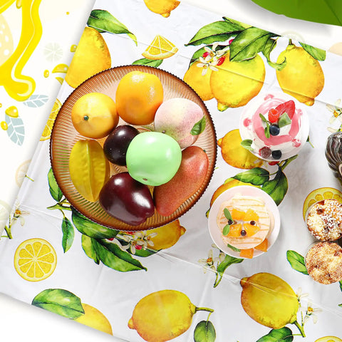 Three Pack Lemon Tablecloths Outdoor Waterproof Rectangle Cover For Indoor And Outdoor Use 54 By 108 Inches Oil Proof Summer Party Kitchen Dining Picnic Barbecue Patio, lemon pattern close-up with fruits and desserts on top.