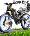 Kickass Dual Motor Electric Bike For Adults Hitting 50 Mph Top Speed With 250 Mile Long Range Full Suspension Mountain Ebike with glowing wheels.