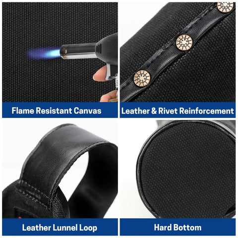 Flame Resistant Welding Rod Bag And Leather Electrode Holder With Belt Loops And Rivets, showing canvas, rivets, loop, bottom.