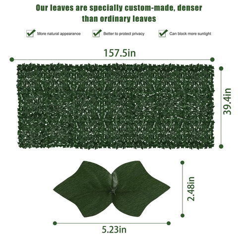 Faux Ivy Privacy Fence Screening Expandable Outdoor Greenery Roll 157.5 by 39.4 inches with leaf detail.