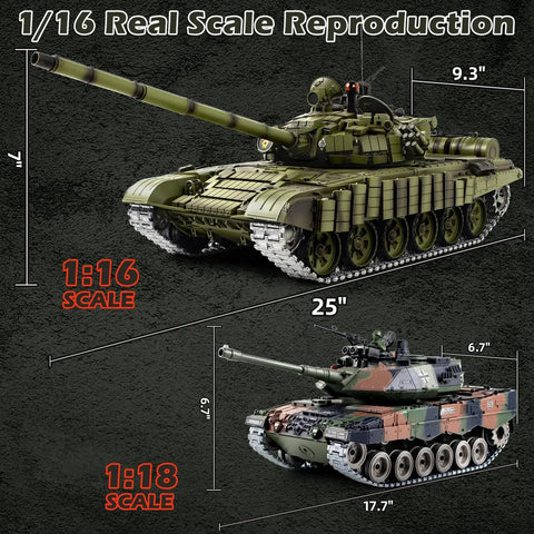 One Sixteenth RC Tank T 72 Soviet Battle Ready Toy with Smoke Sound and Lights, 1/16 scale model size comparison
