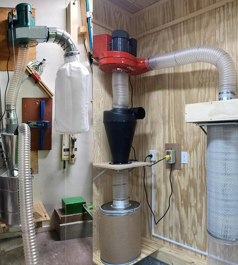 Heavy Duty Dust Collection Hose 2 By 10 Ft Thick Wall Pvc Suction Tube With Twist Lock Clamps connected to workshop equipment.